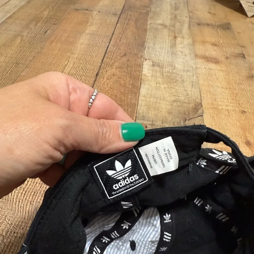 Adidas Hat Cap Strap Back Black White Trefoil Logo Spell Out Baseball Unisex Gym